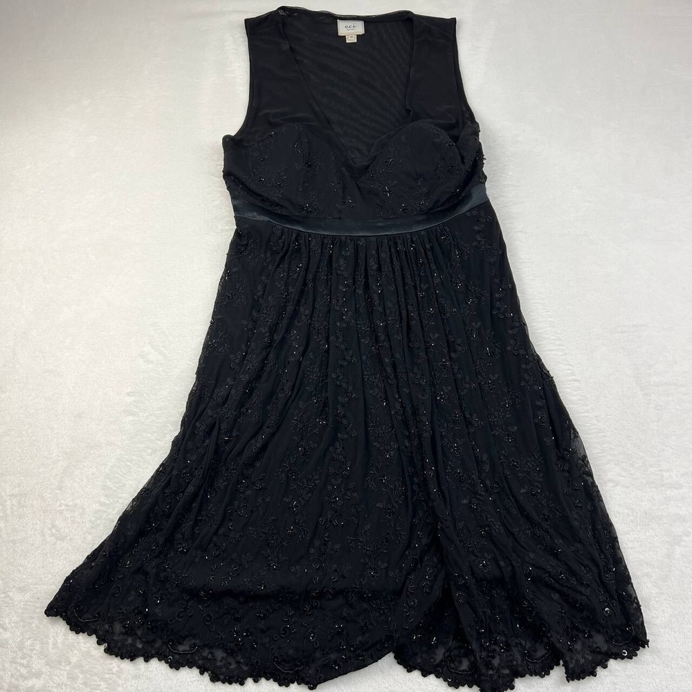 Eci New York Dress Women 10 Black Lace Floral Beaded Sleeveless A-Line